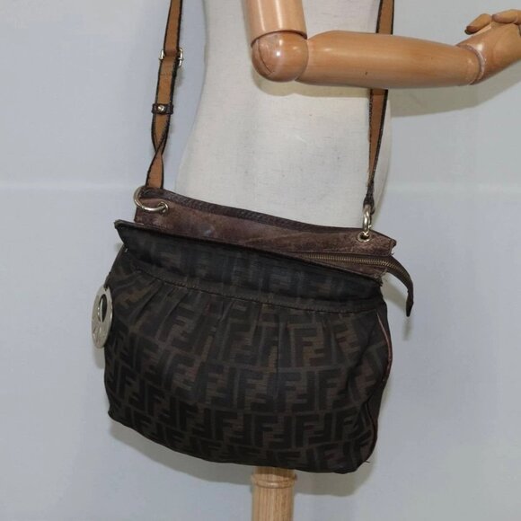 FENDI Zucca Canvas Shoulder Bag Brown Black Auth - Picture 1 of 16